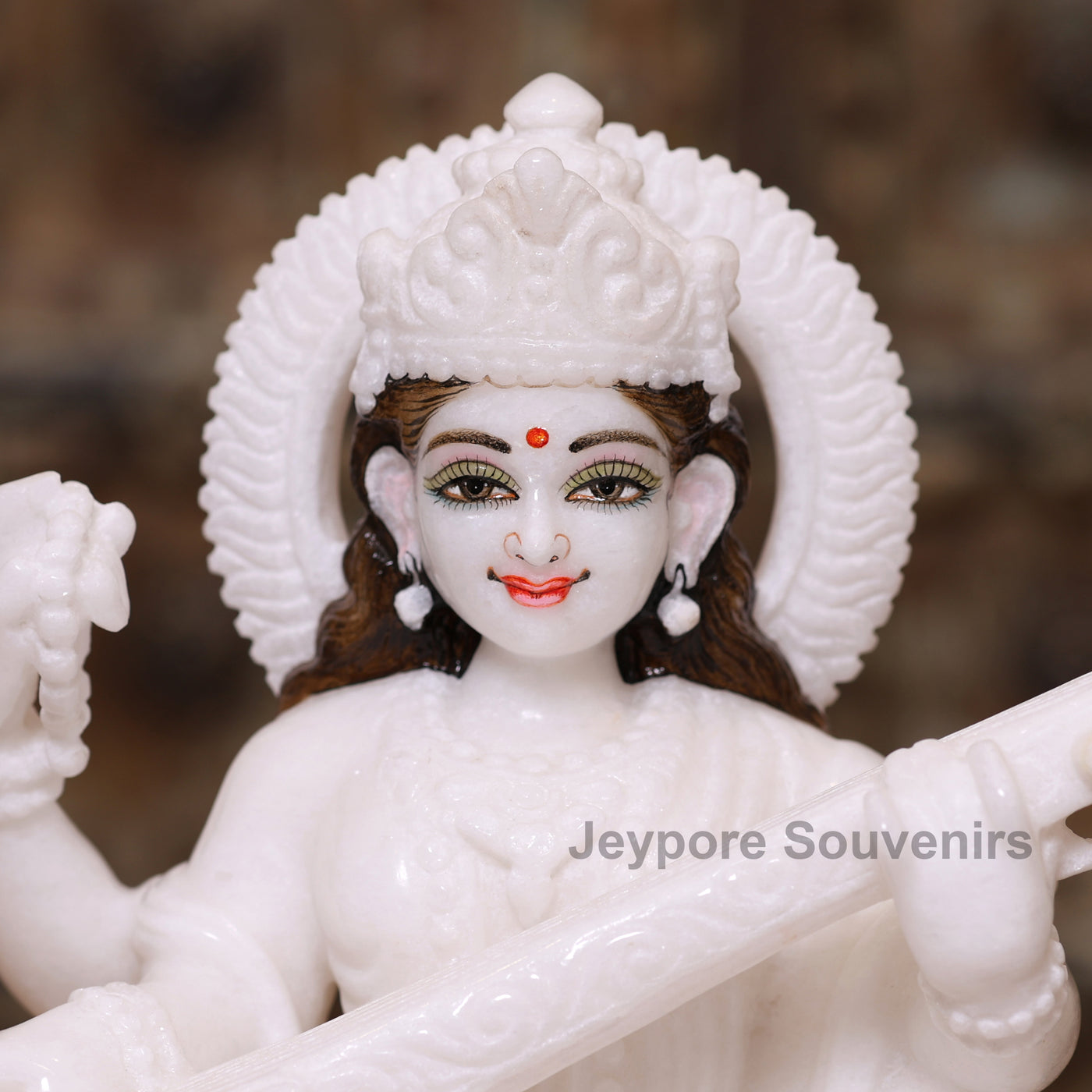 12" Pure White Marble Lakshmi Ganesha Saraswati Statues Set - Handcrafted by Indian Artisans