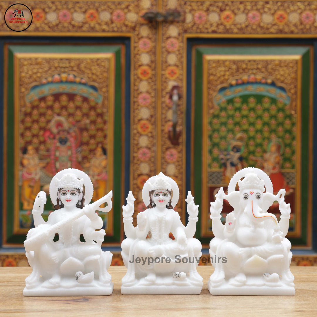 Handcrafted White Marble Lakshmi Saraswati Ganesha Murti Set for Home Temple