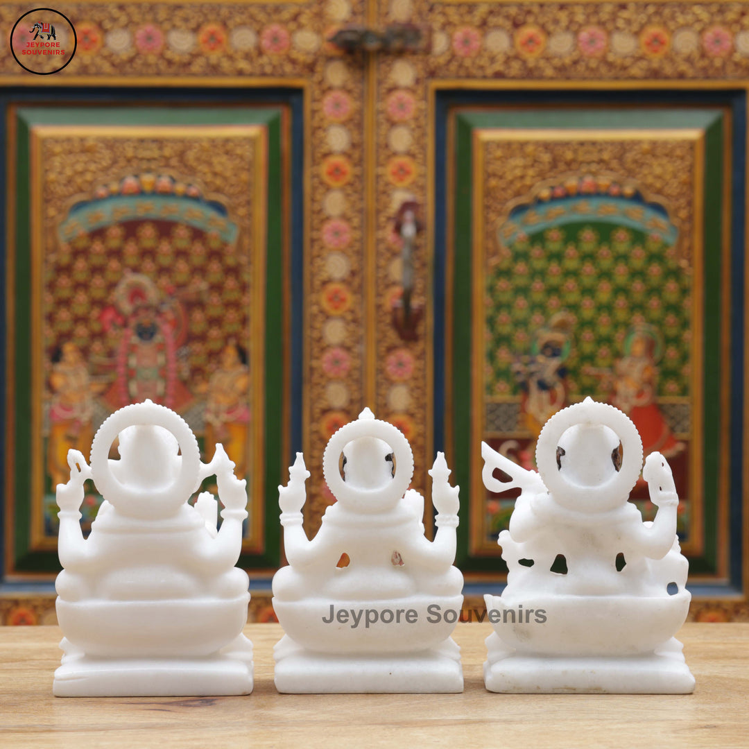 Handcrafted White Marble Lakshmi Saraswati Ganesha Murti Set for Home Temple