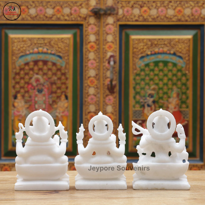 Handcrafted White Marble Lakshmi Saraswati Ganesha Murti Set for Home Temple
