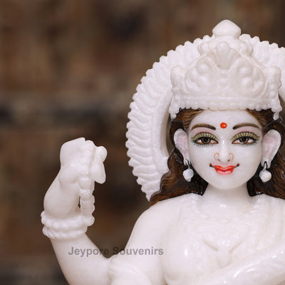 12" Pure White Marble Lakshmi Ganesha Saraswati Statues Set - Handcrafted by Indian Artisans