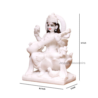 12" Pure White Marble Lakshmi Ganesha Saraswati Statues Set - Handcrafted by Indian Artisans