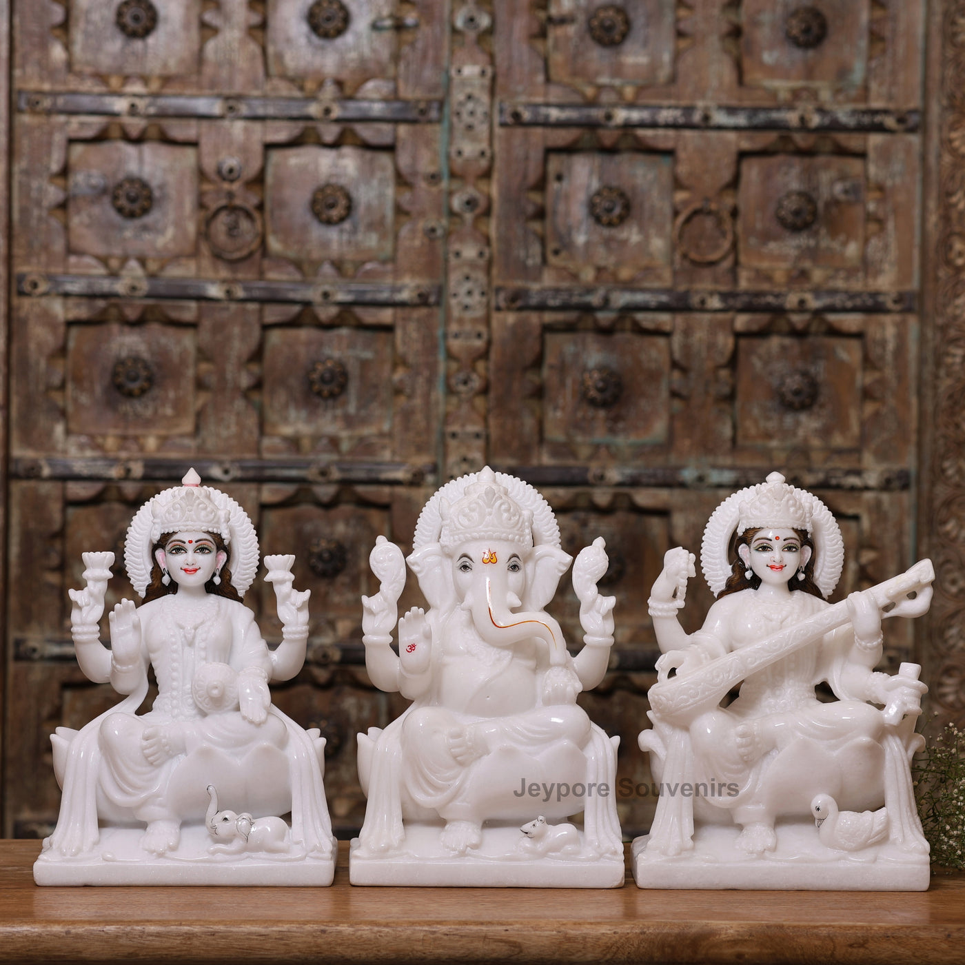 12" Pure White Marble Lakshmi Ganesha Saraswati Statues Set - Handcrafted by Indian Artisans
