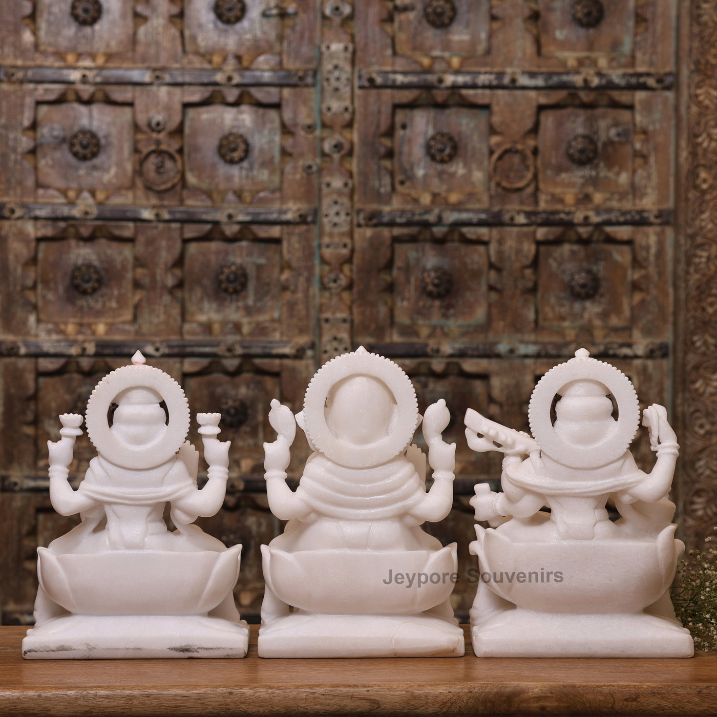 12" Pure White Marble Lakshmi Ganesha Saraswati Statues Set - Handcrafted by Indian Artisans