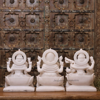 12" Pure White Marble Lakshmi Ganesha Saraswati Statues Set - Handcrafted by Indian Artisans
