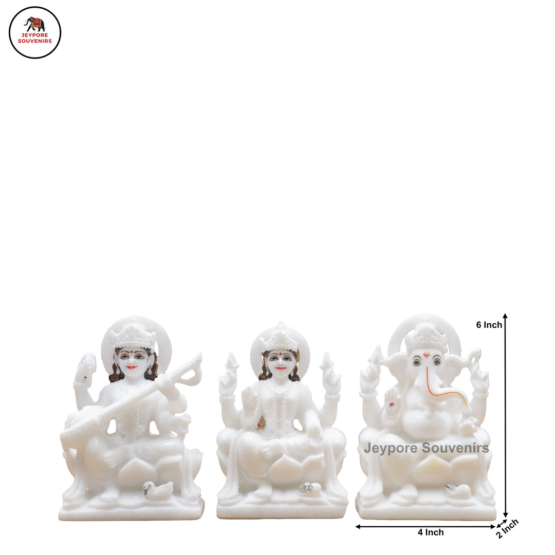 Handcrafted White Marble Lakshmi Saraswati Ganesha Murti Set for Home Temple