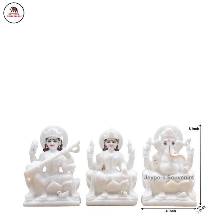 Handcrafted White Marble Lakshmi Saraswati Ganesha Murti Set for Home Temple
