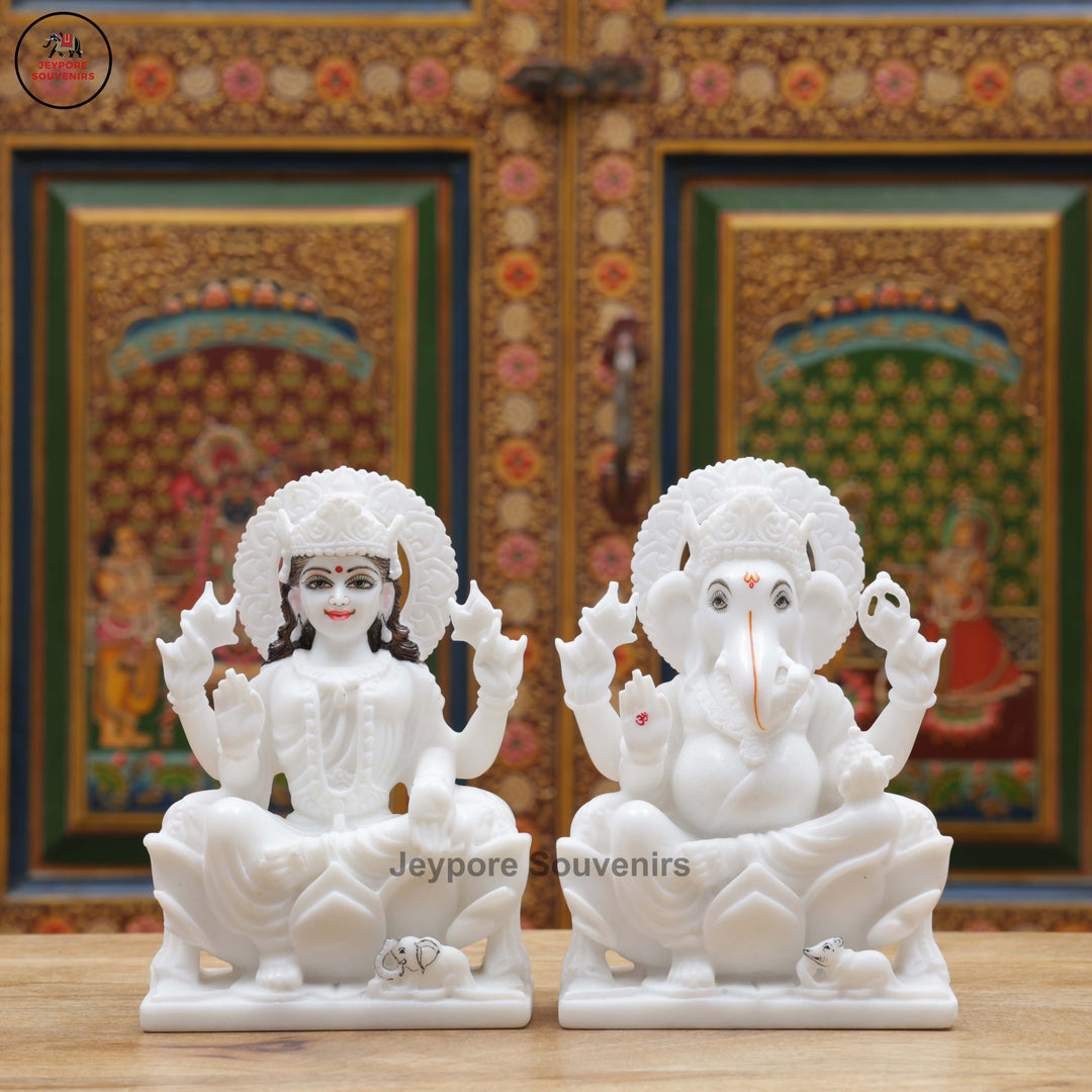 Handcrafted White Marble Lakshmi Ganesha Murti Set for Home Temple