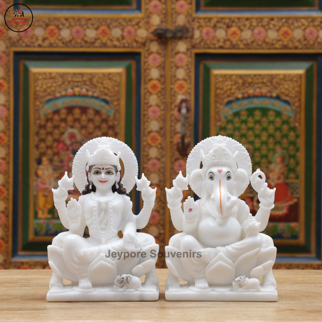 Handcrafted White Marble Lakshmi Ganesha Murti Set