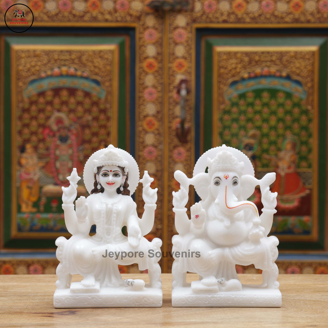 Hand-Carved White Marble Lakshmi Ganesha Idol Set