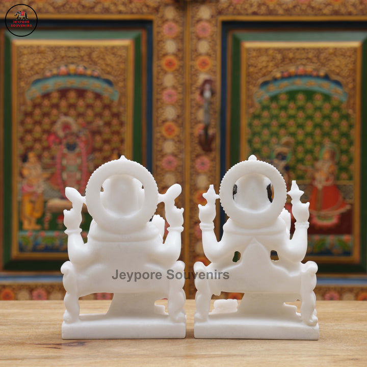 Hand-Carved White Marble Lakshmi Ganesha Idol Set