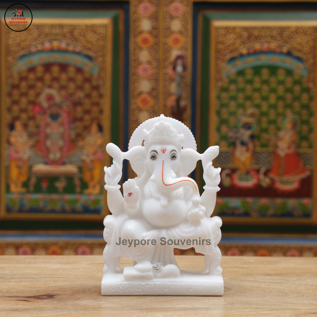 Hand-Carved White Marble Lakshmi Ganesha Idol Set