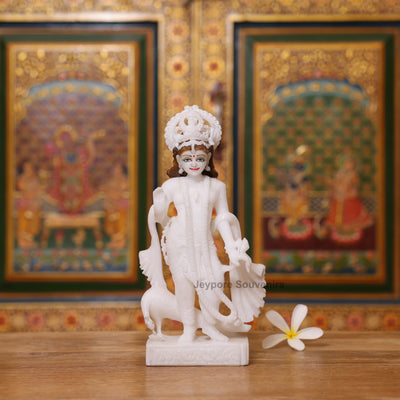 9" Elegant Pure White Marble Radha Krishna Statue Pair - Handcrafted by Indian Artisans