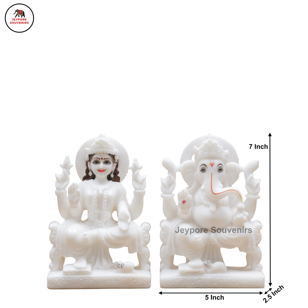 Hand-Carved White Marble Lakshmi Ganesha Idol Set