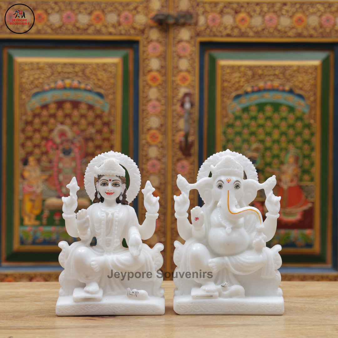 Handcrafted White Marble Lakshmi Ganesha Statue Pair