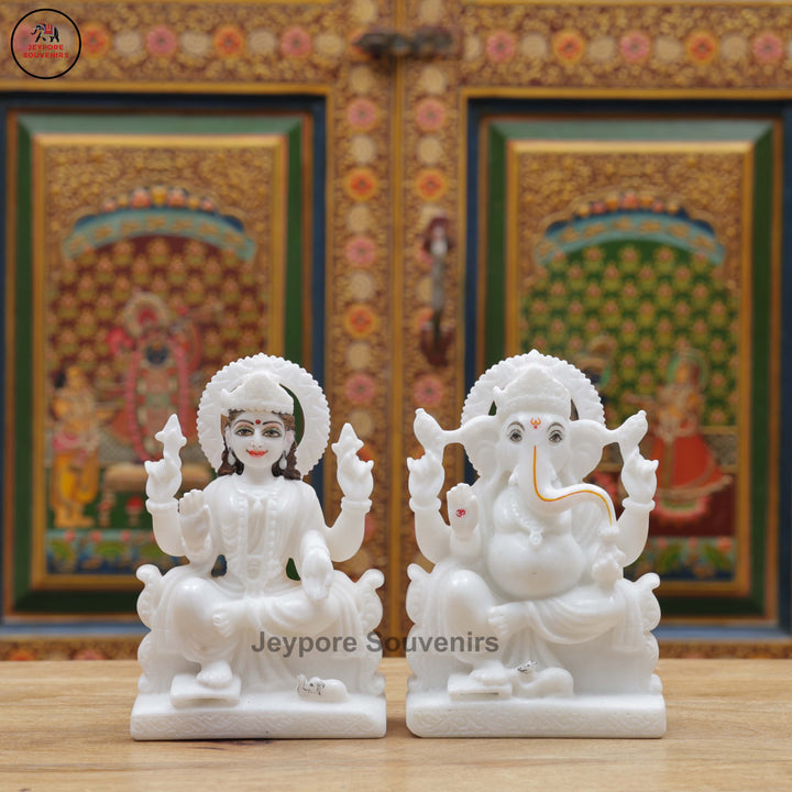 Handcrafted White Marble Lakshmi Ganesha Statue Pair