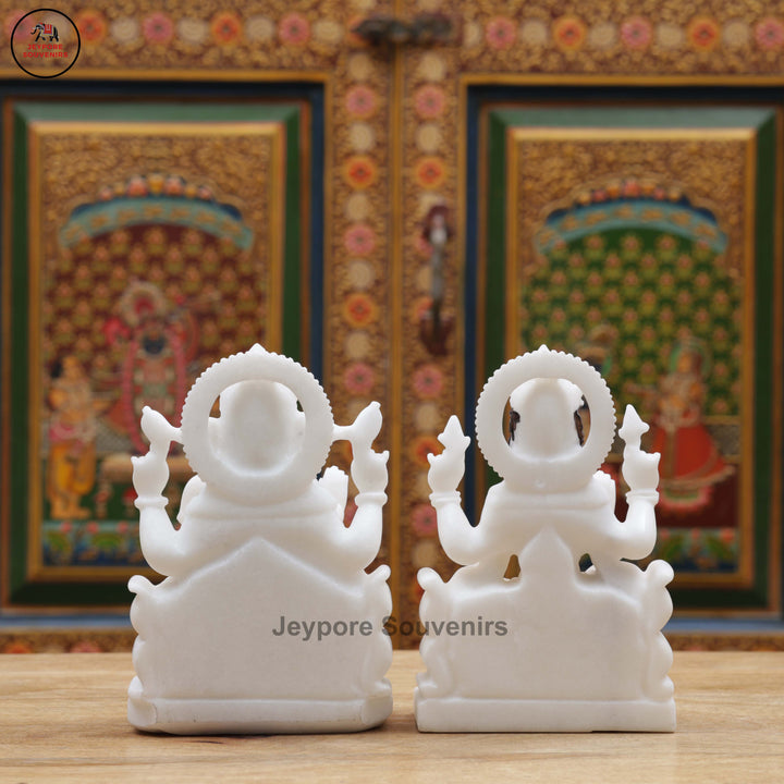 Handcrafted White Marble Lakshmi Ganesha Statue Pair