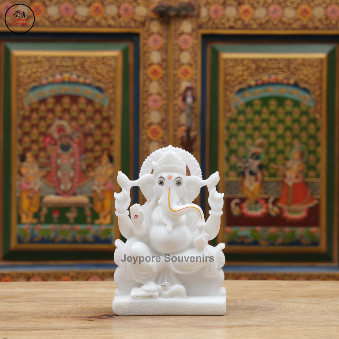 Handcrafted White Marble Lakshmi Ganesha Statue Pair