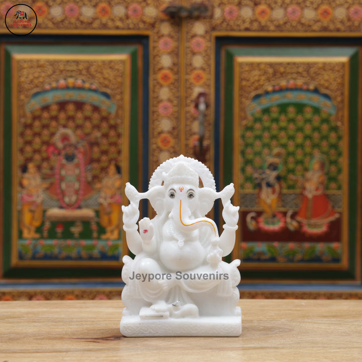 Handcrafted White Marble Lakshmi Ganesha Statue Pair