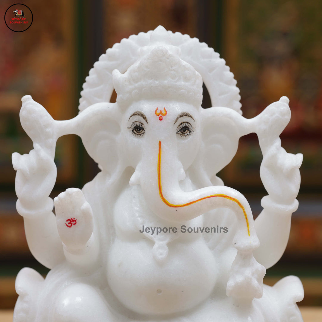 Handcrafted White Marble Lakshmi Ganesha Statue Pair