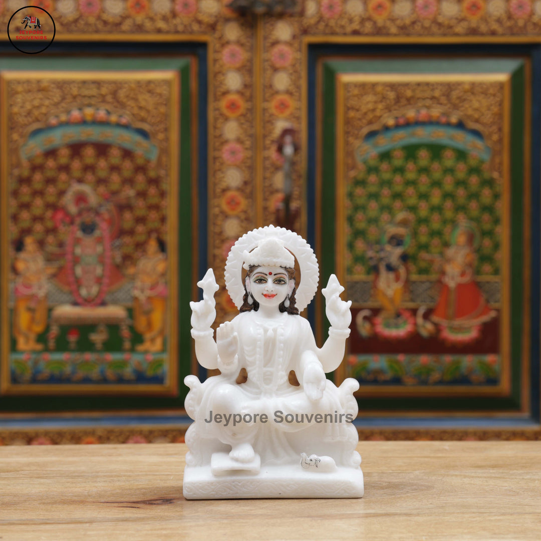 Handcrafted White Marble Lakshmi Ganesha Statue Pair