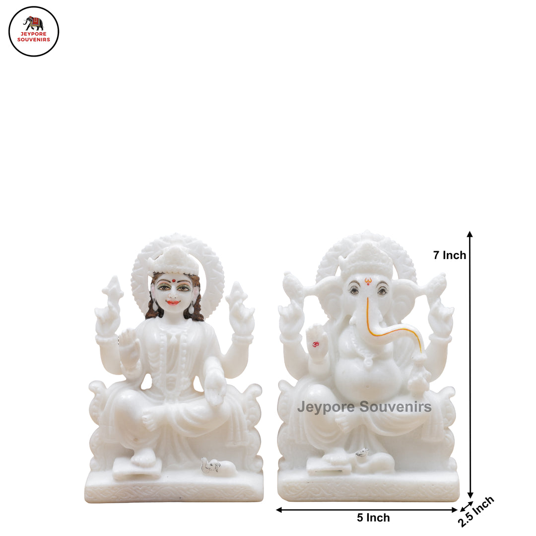 Handcrafted White Marble Lakshmi Ganesha Statue Pair