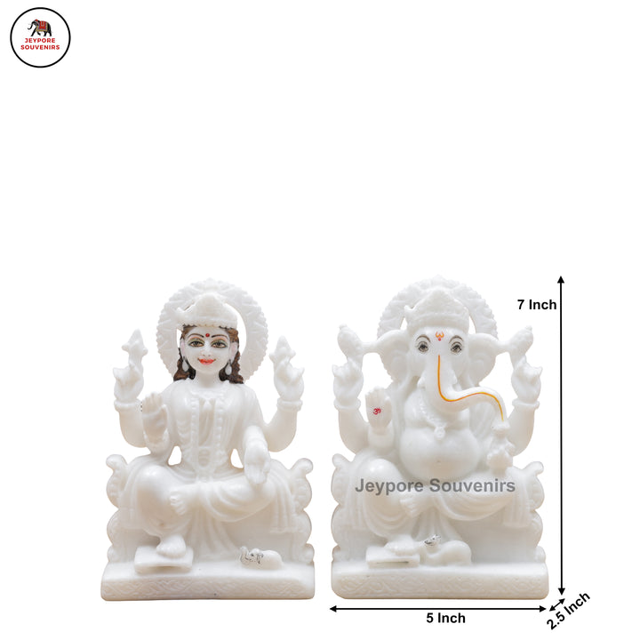 Handcrafted White Marble Lakshmi Ganesha Statue Pair