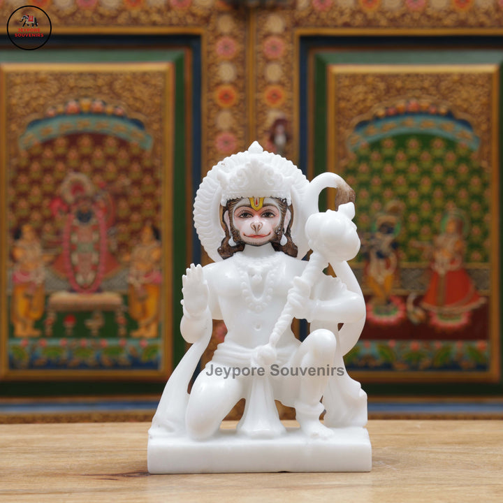 Handcrafted White Marble Lord Hanuman Idol in Blessing Posture