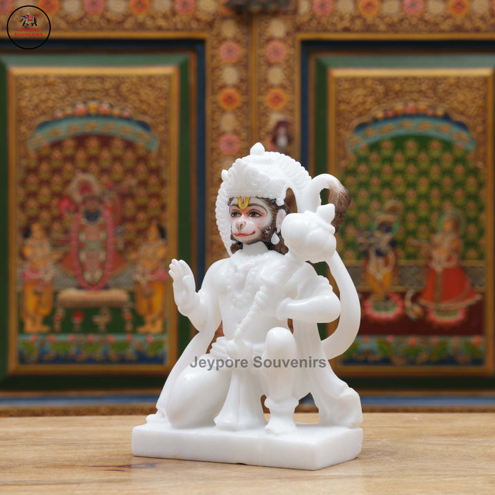 Handcrafted White Marble Lord Hanuman Idol in Blessing Posture
