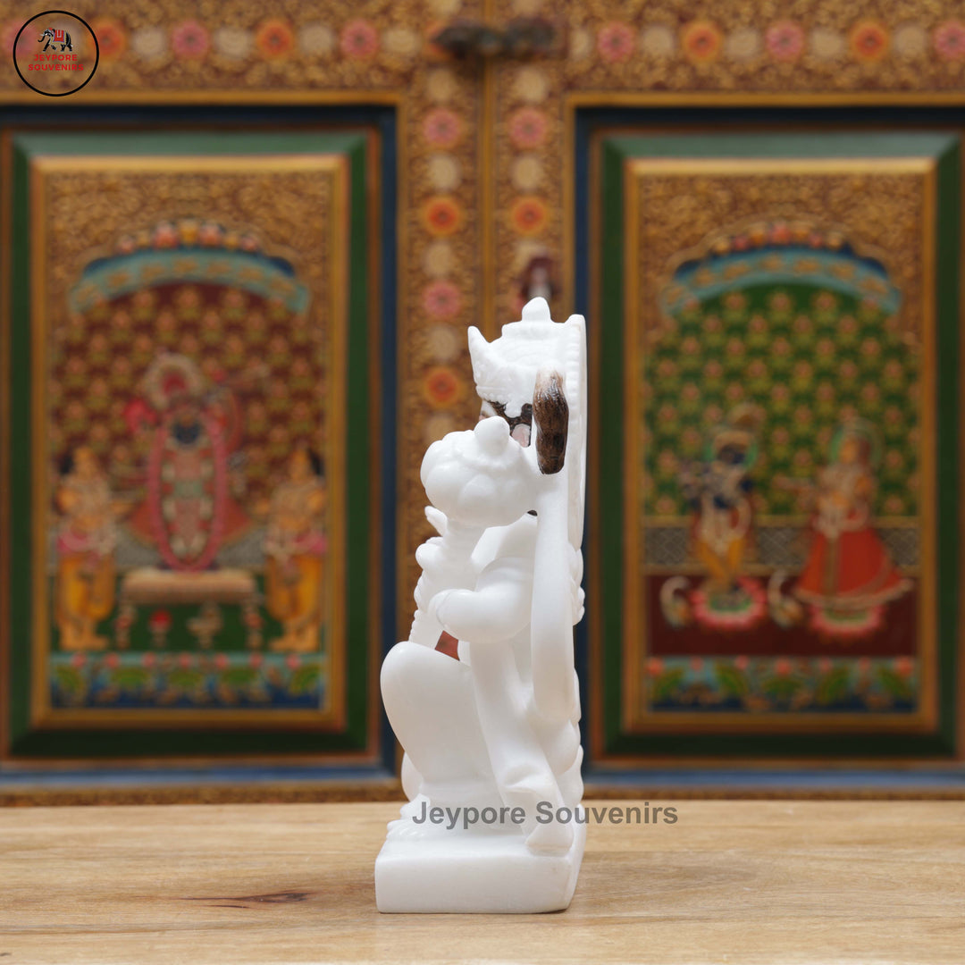 Handcrafted White Marble Lord Hanuman Idol in Blessing Posture
