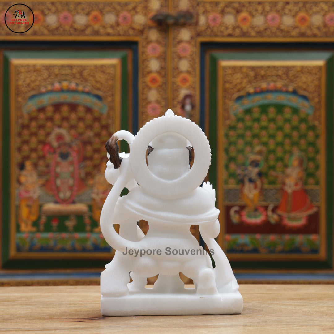 Handcrafted White Marble Lord Hanuman Idol in Blessing Posture