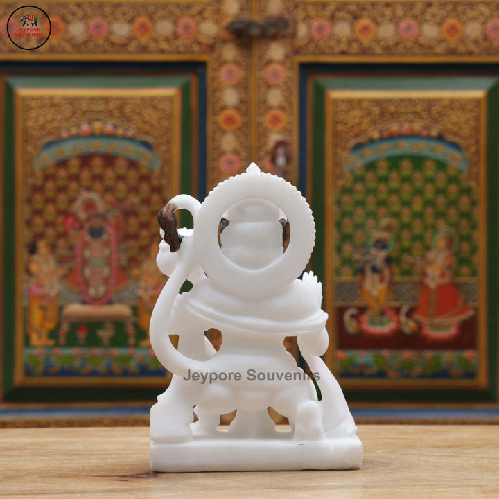 Handcrafted White Marble Lord Hanuman Idol in Blessing Posture