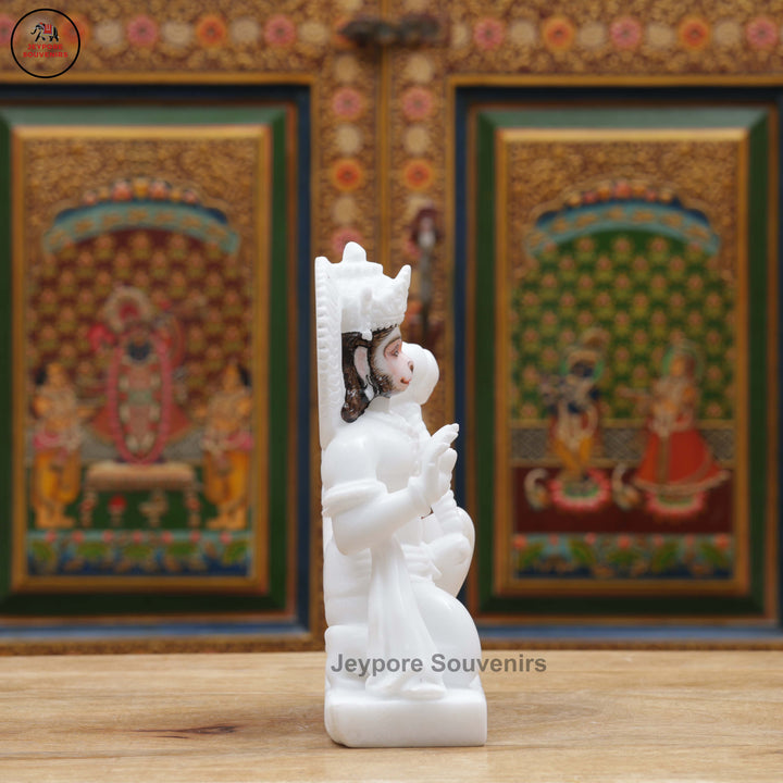 Handcrafted White Marble Lord Hanuman Idol in Blessing Posture