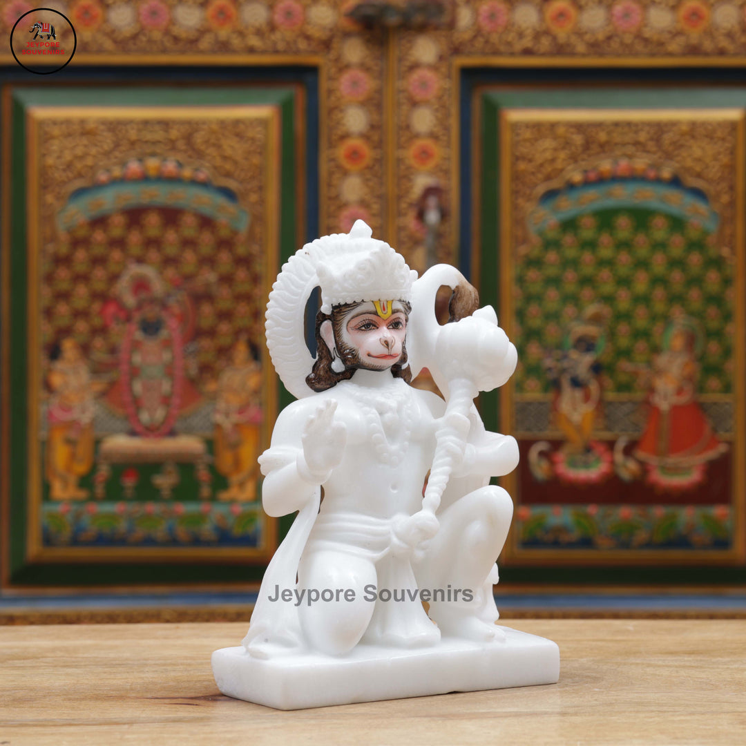 Handcrafted White Marble Lord Hanuman Idol in Blessing Posture