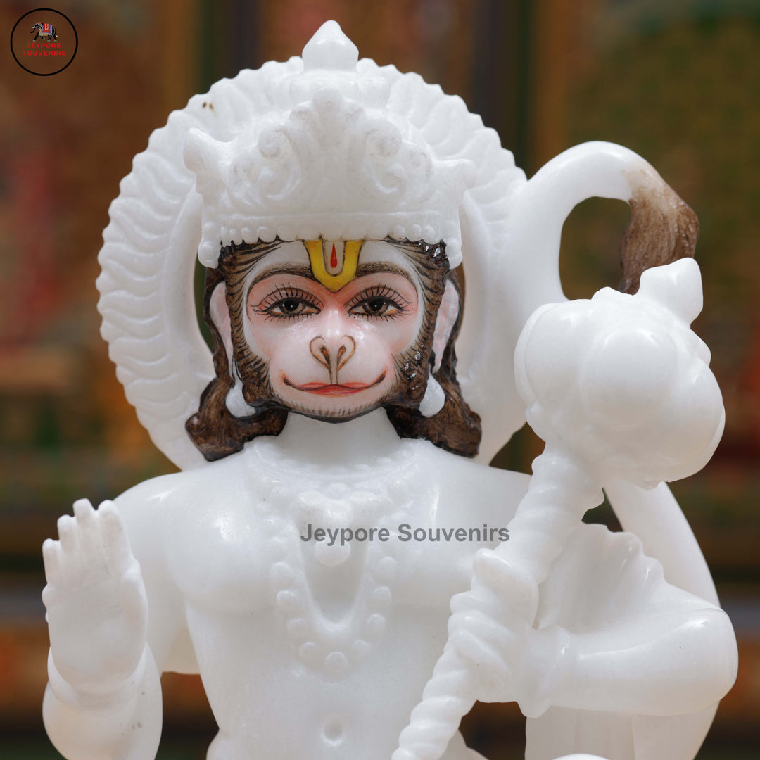 Handcrafted White Marble Lord Hanuman Idol in Blessing Posture