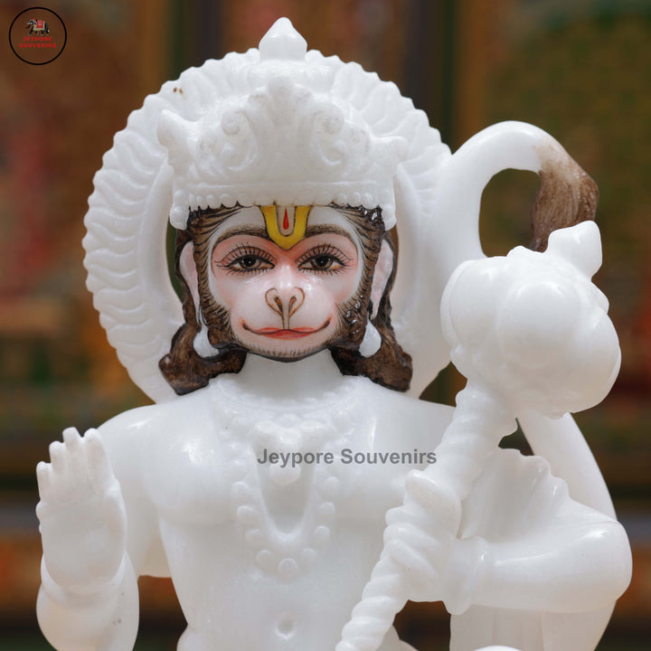 Handcrafted White Marble Lord Hanuman Idol in Blessing Posture