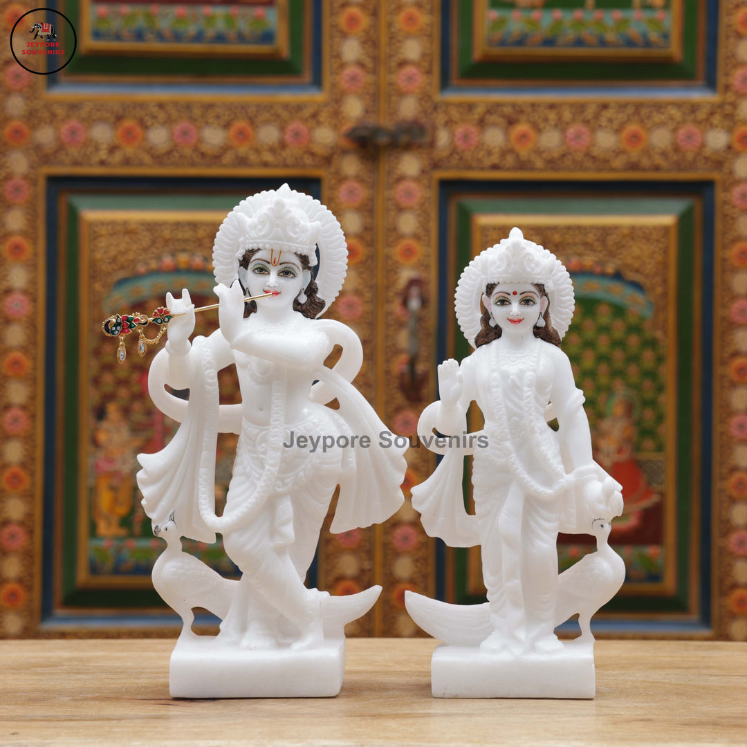 Hand-Carved White Marble Radha Krishna Idol Set with Peacock Motifs