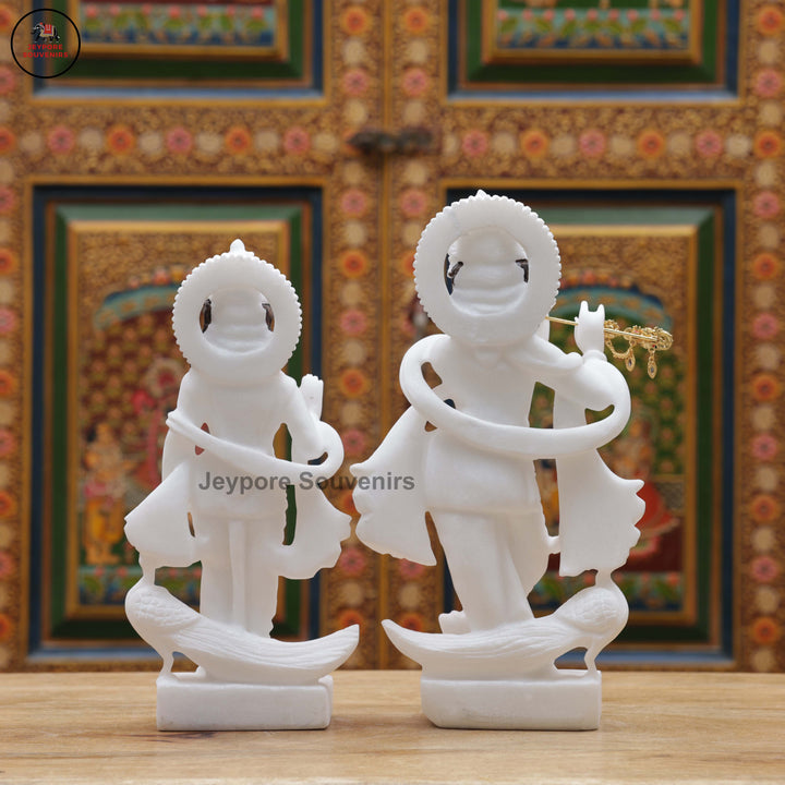 Hand-Carved White Marble Radha Krishna Idol Set with Peacock Motifs