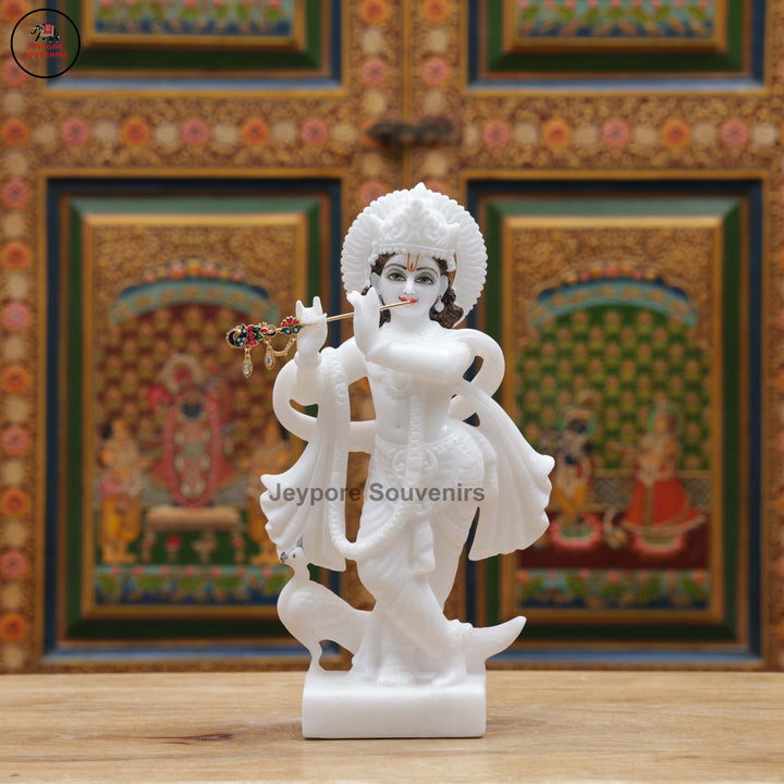 Hand-Carved White Marble Radha Krishna Idol Set with Peacock Motifs