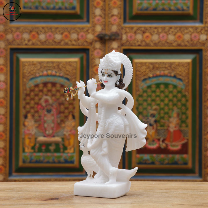 Hand-Carved White Marble Radha Krishna Idol Set with Peacock Motifs