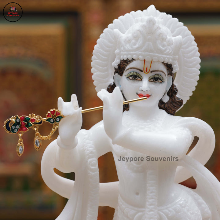 Hand-Carved White Marble Radha Krishna Idol Set with Peacock Motifs