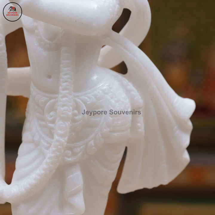 Hand-Carved White Marble Radha Krishna Idol Set with Peacock Motifs