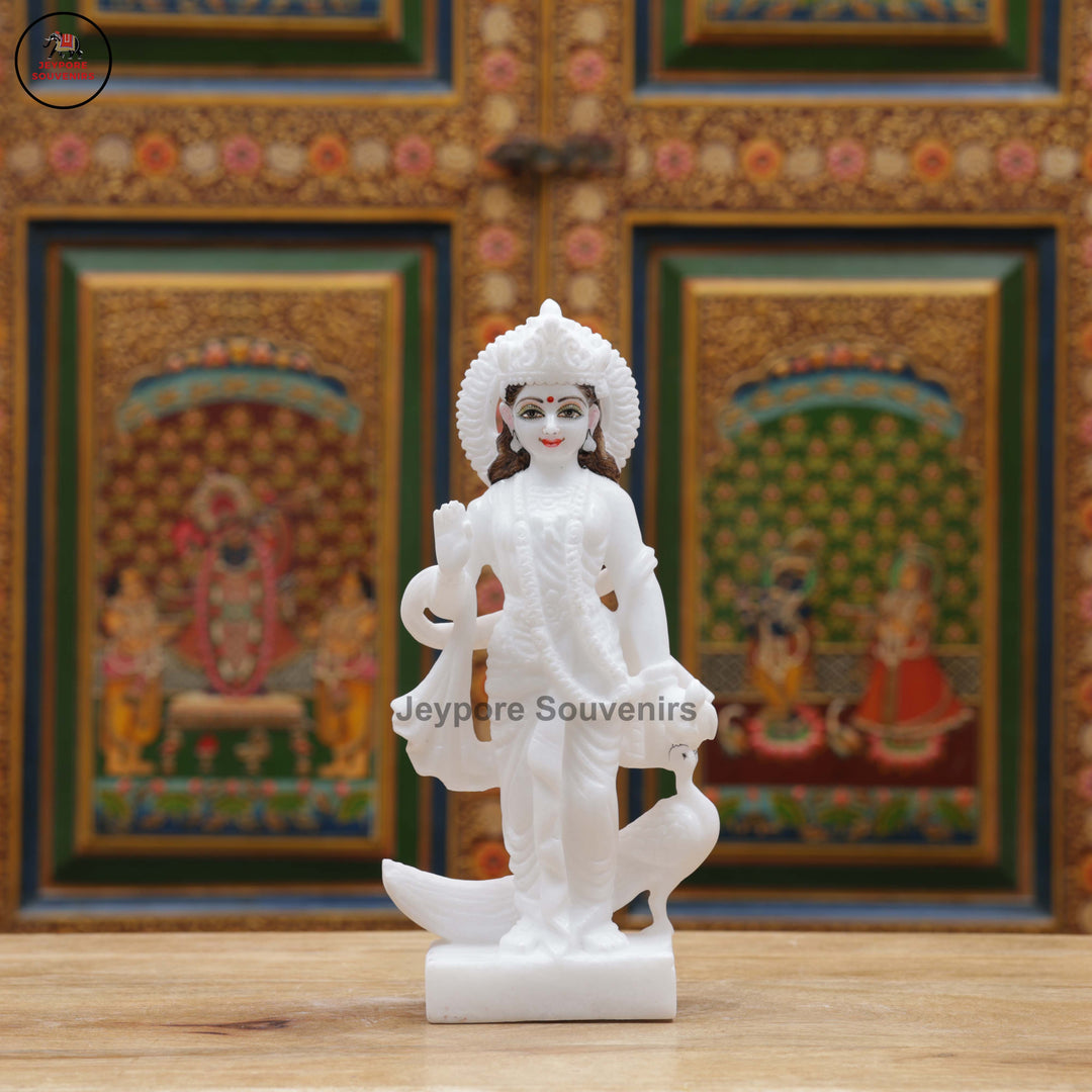 Hand-Carved White Marble Radha Krishna Idol Set with Peacock Motifs