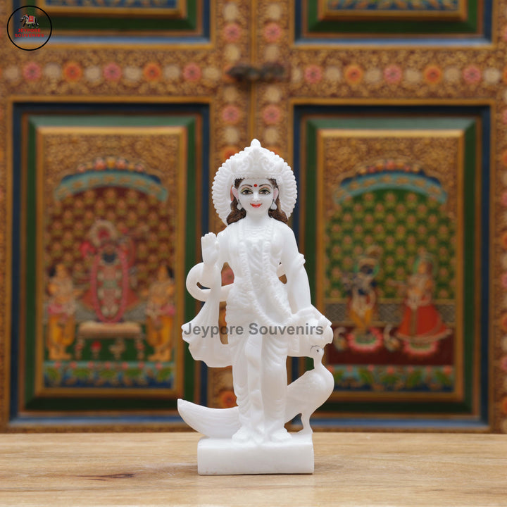 Hand-Carved White Marble Radha Krishna Idol Set with Peacock Motifs