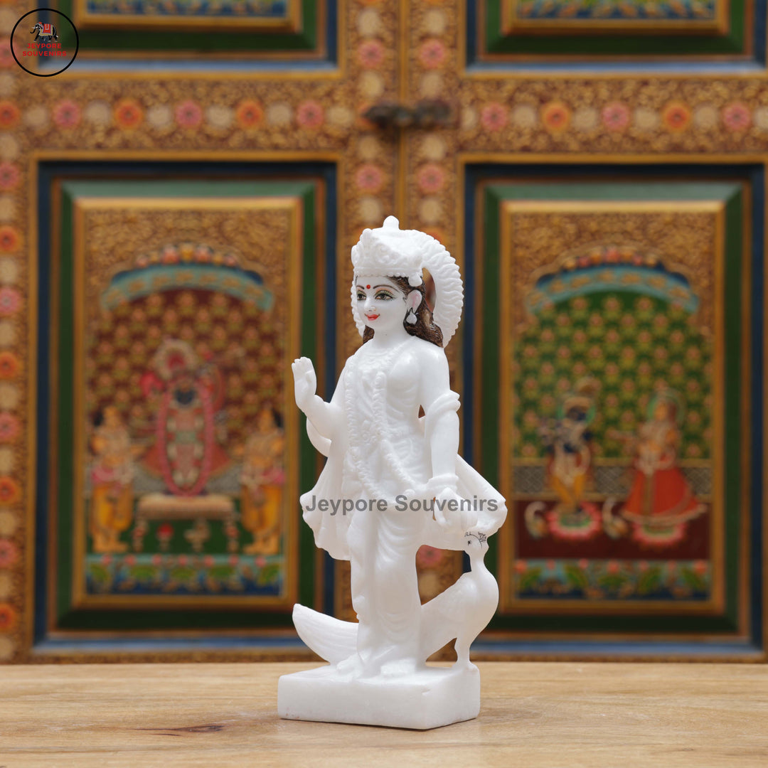Hand-Carved White Marble Radha Krishna Idol Set with Peacock Motifs