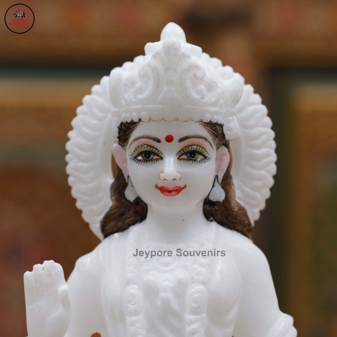 Hand-Carved White Marble Radha Krishna Idol Set with Peacock Motifs