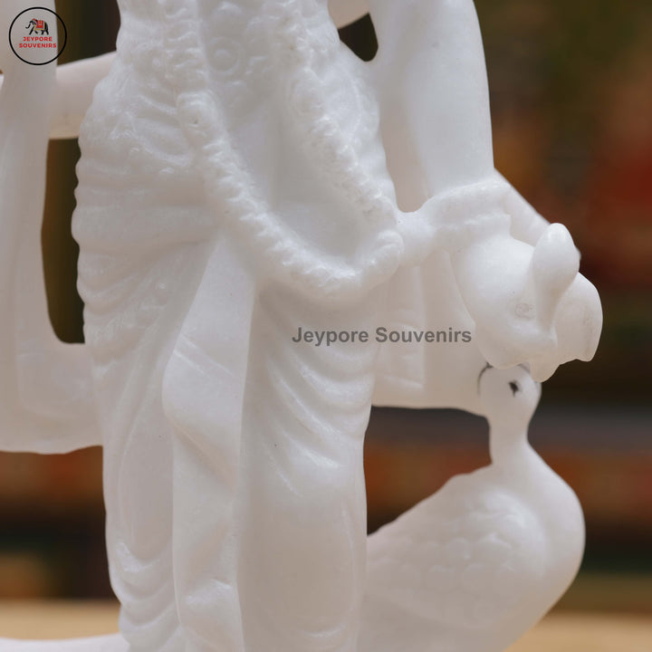 Hand-Carved White Marble Radha Krishna Idol Set with Peacock Motifs