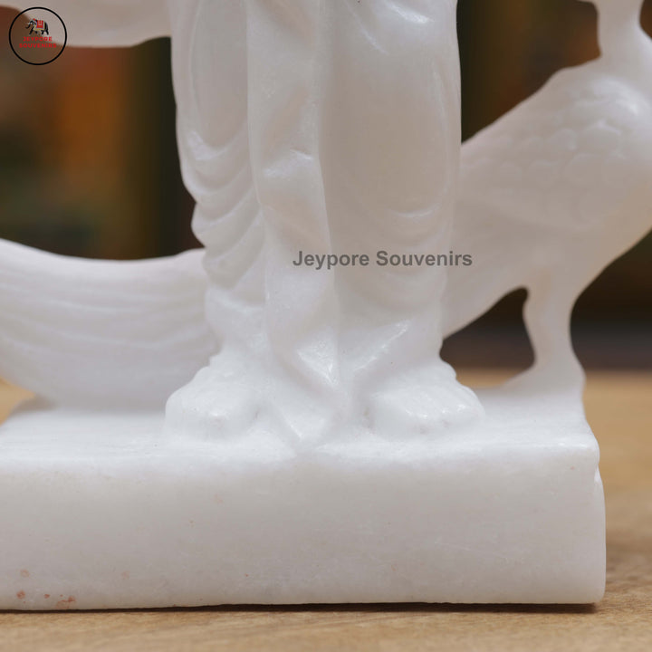 Hand-Carved White Marble Radha Krishna Idol Set with Peacock Motifs