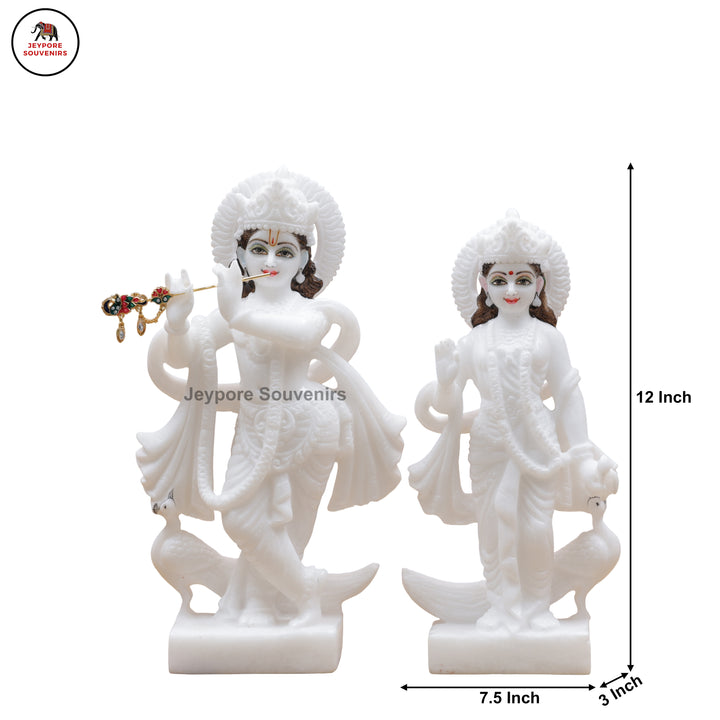 Hand-Carved White Marble Radha Krishna Idol Set with Peacock Motifs