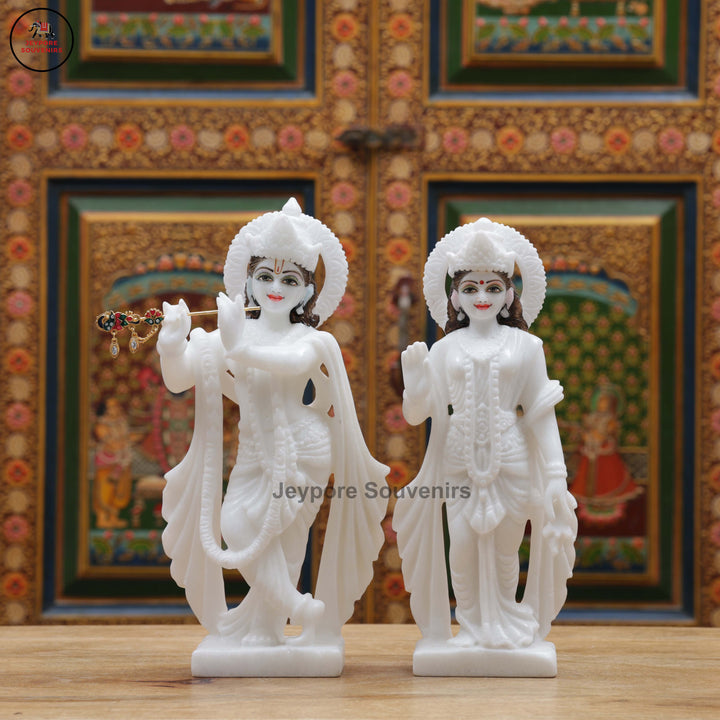 Hand-Carved Pure White Marble Radha Krishna Idol Set